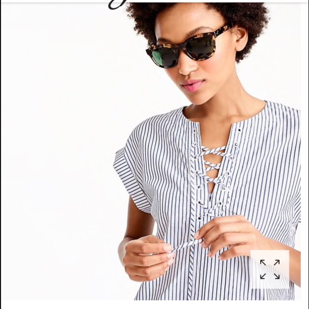 J. Crew Navy and White Striped Lace-Up Short Sleeve Top
